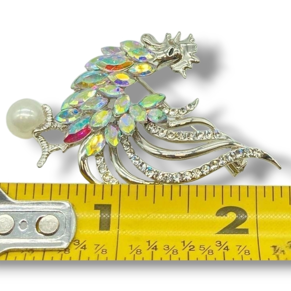 Elegant Silver Rooster Aurora Borealis Rhinestone Crystal Feathers Pearl Brooch - Picture 3 of 5